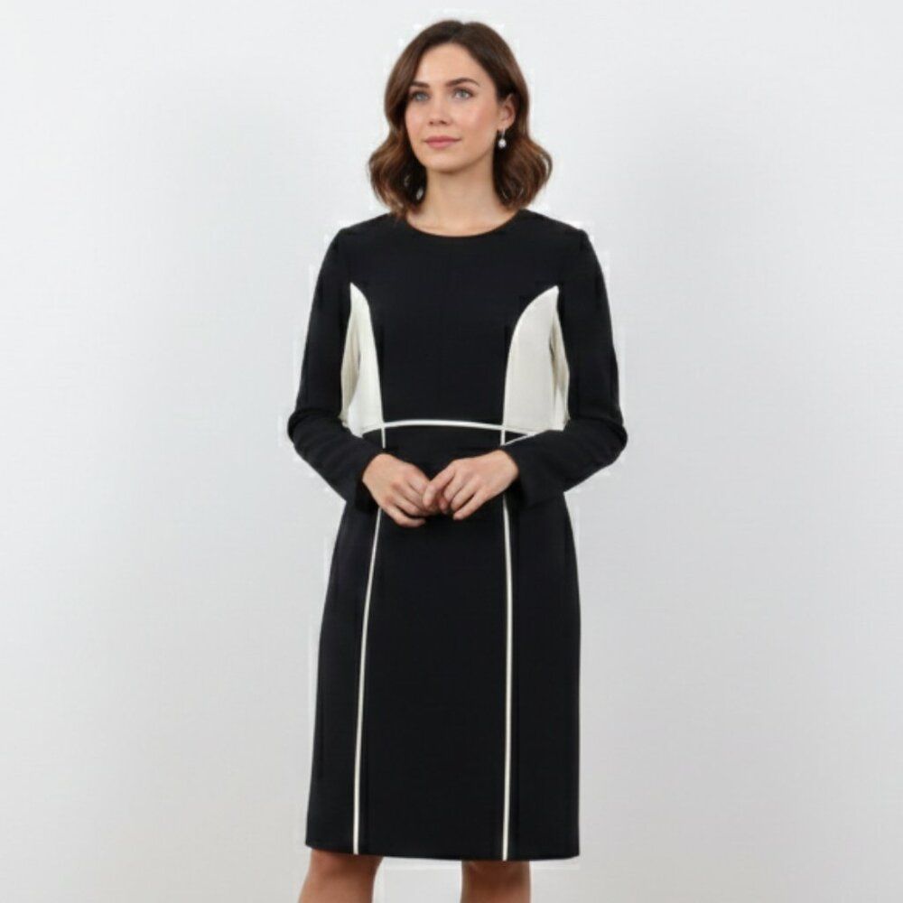 Nwt Tuckernuck Evie Dress 2x Navy Cream Straight Formal Long Sleeve Modest Class